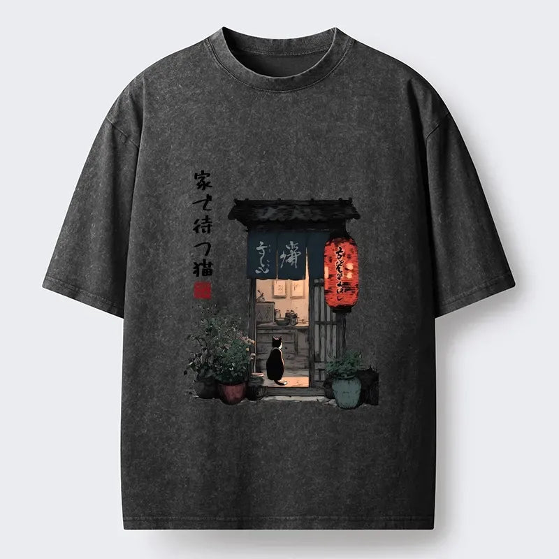 Washed Japanese cat shirt for anime convention