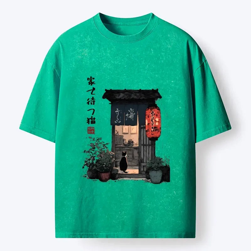 Kyoto-Lion Japanese Shop Waiting Cat Funny Meme Washed T-Shirt