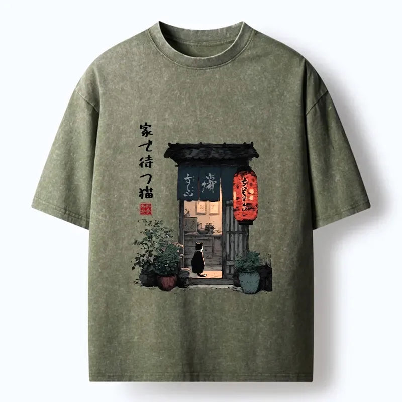 Funny Japanese waiting cat meme t-shirt for daily wear