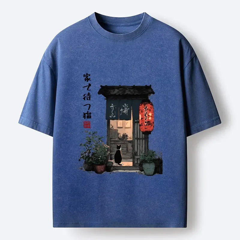 Funny Japanese waiting cat meme t-shirt for daily wear
