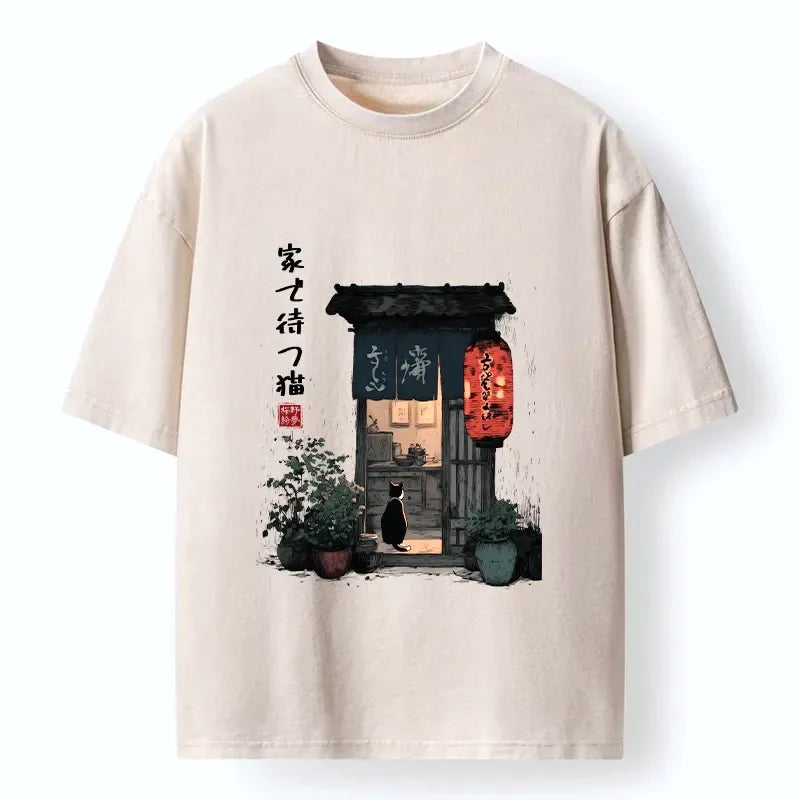 Funny Japanese waiting cat meme t-shirt for daily wear