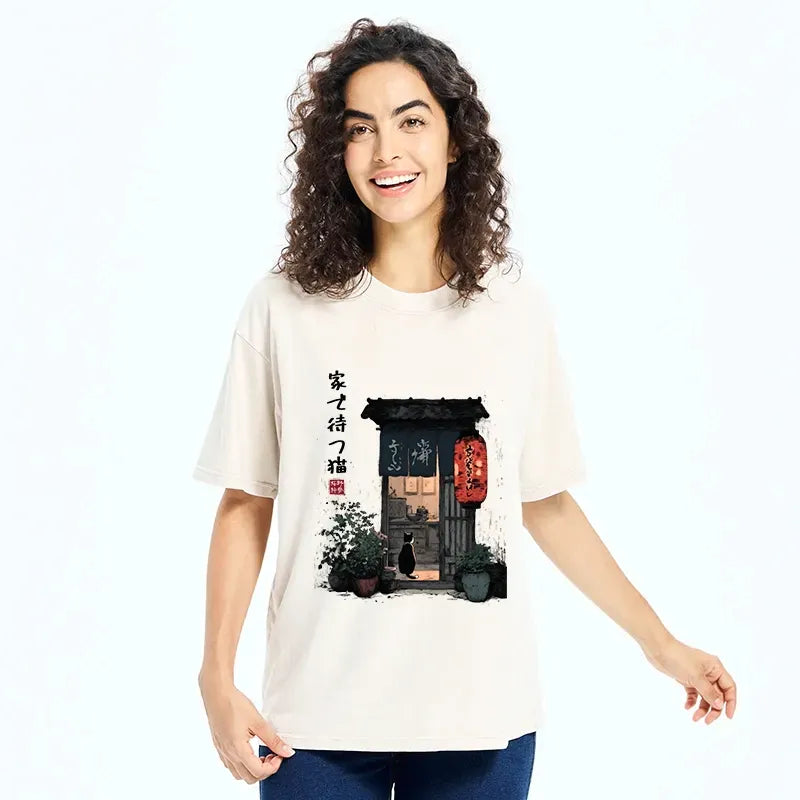 Kyoto-Lion Japanese Shop Waiting Cat Funny Meme Washed T-Shirt