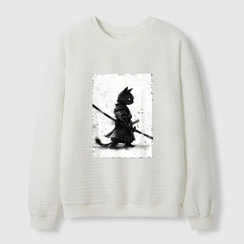 Kyoto-Lion Retro Cat Samurai Japanese Waffle Sweatshirt