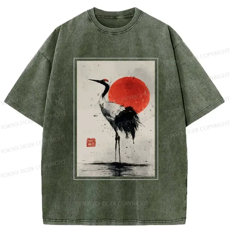 Kyoto-Lion Retro Japanese Red-crowned Crane Washed T-Shirt
