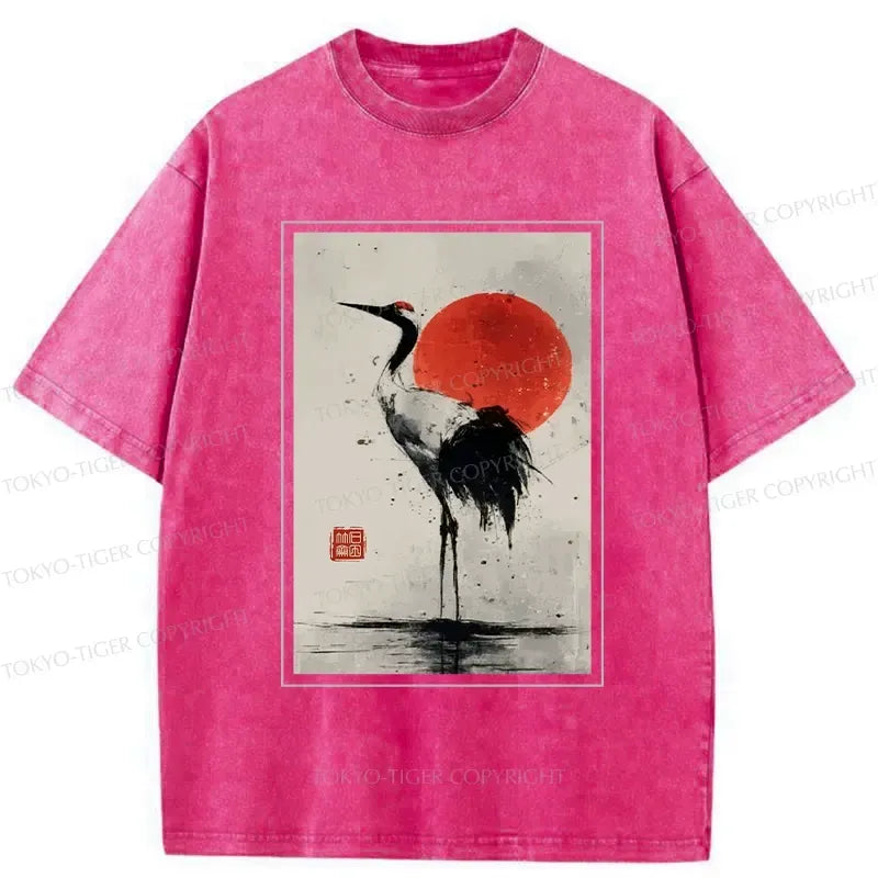 Kyoto-Lion Retro Japanese Red-crowned Crane Washed T-Shirt