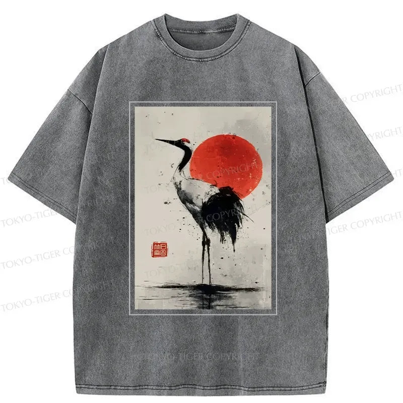 Kyoto-Lion Retro Japanese Red-crowned Crane Washed T-Shirt