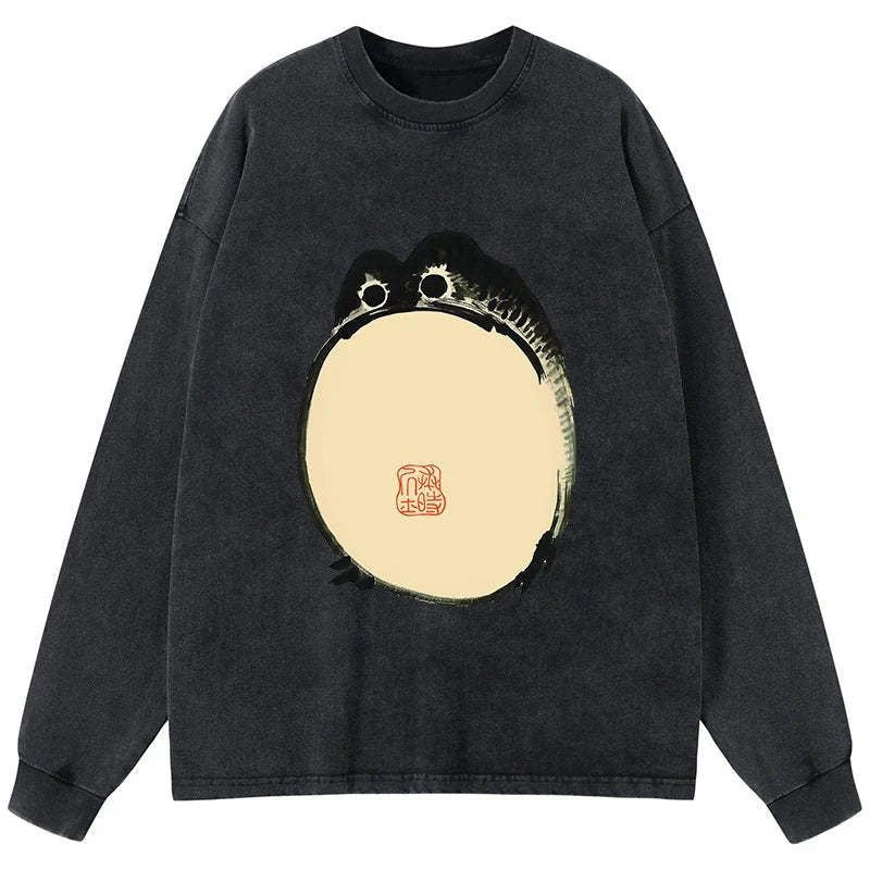 Kyoto-Lion Grumpy Frog Japanese Washed Long Sleeve T-Shirt