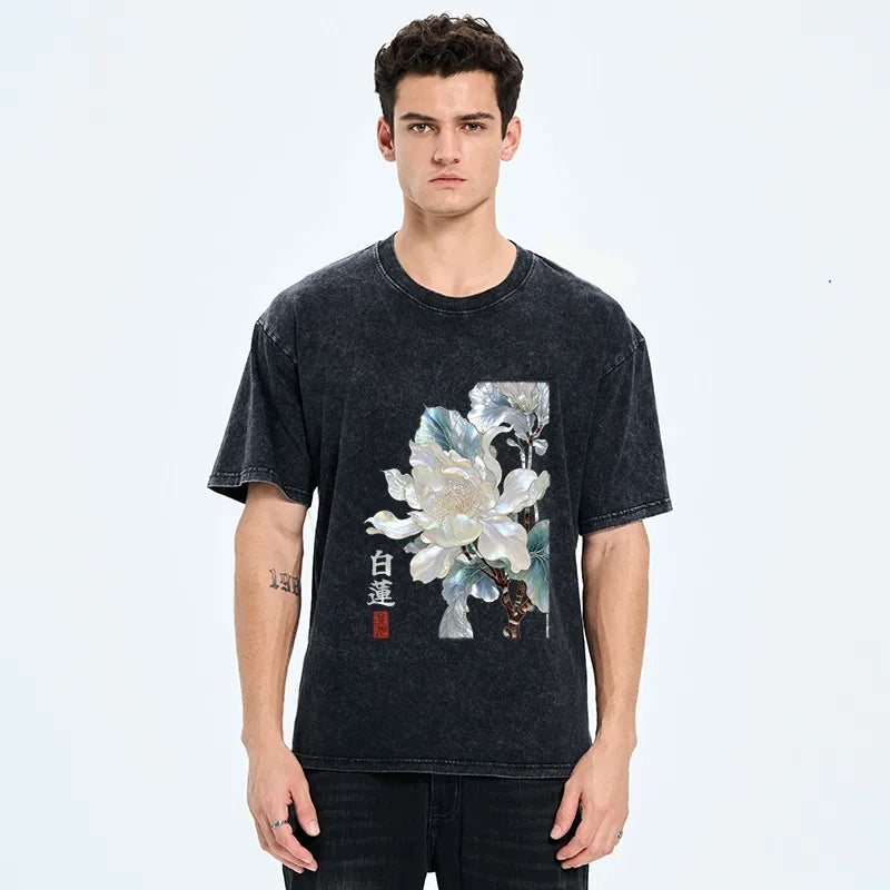 Kyoto-Lion White Lotus Art Washed T-Shirt