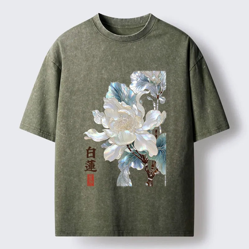 Kyoto-Lion White Lotus Art Washed T-Shirt