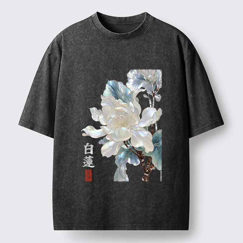 Kyoto-Lion White Lotus Art Washed T-Shirt