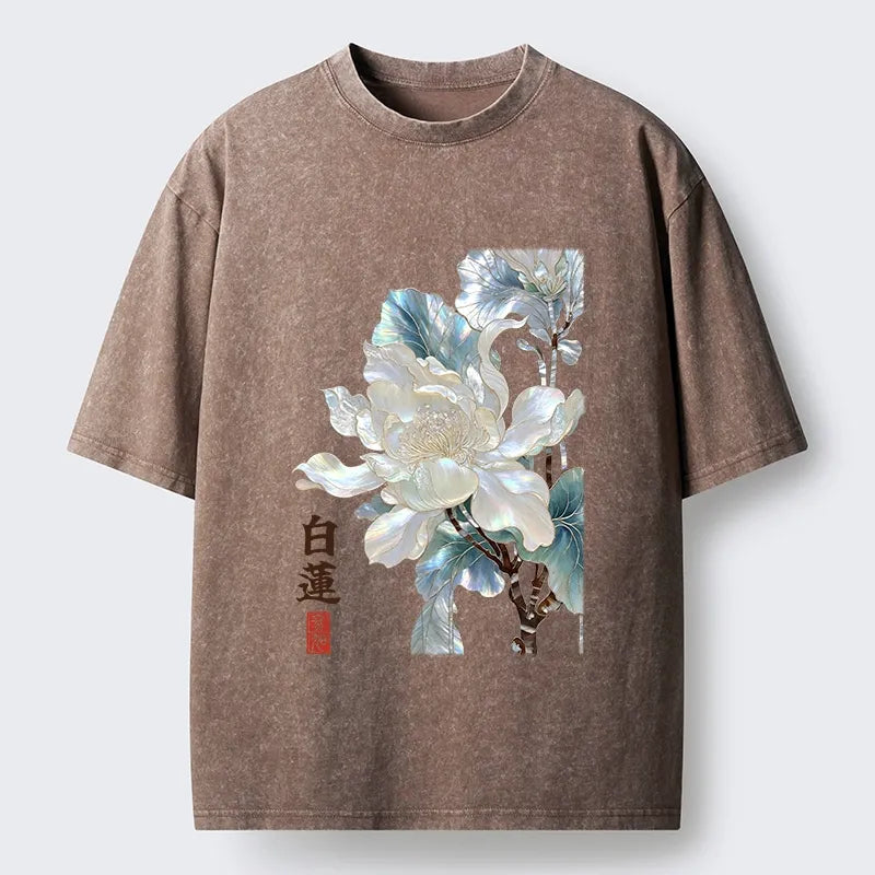 Kyoto-Lion White Lotus Art Washed T-Shirt