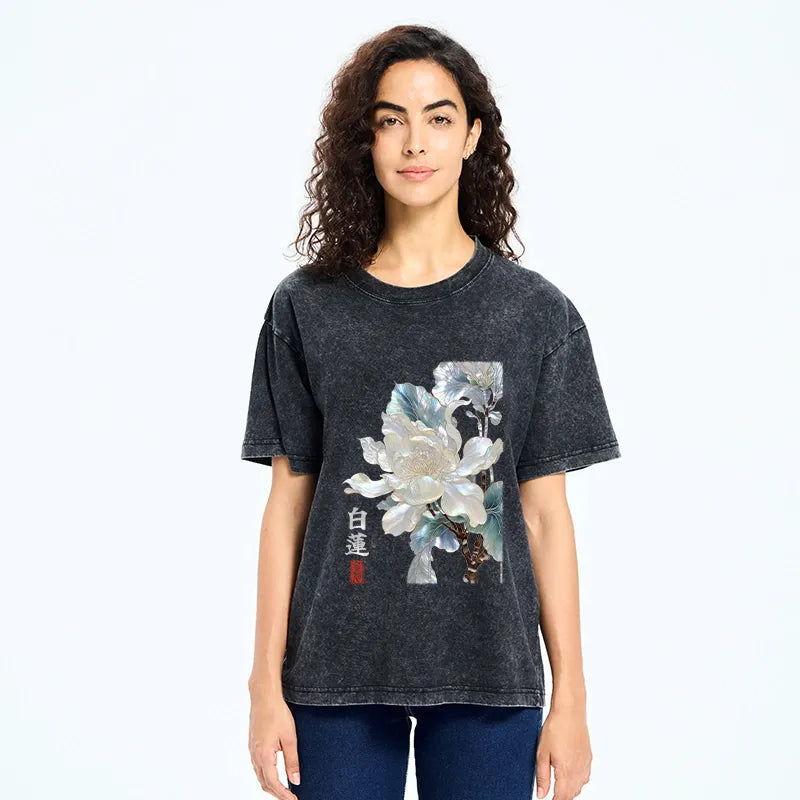 Kyoto-Lion White Lotus Art Washed T-Shirt