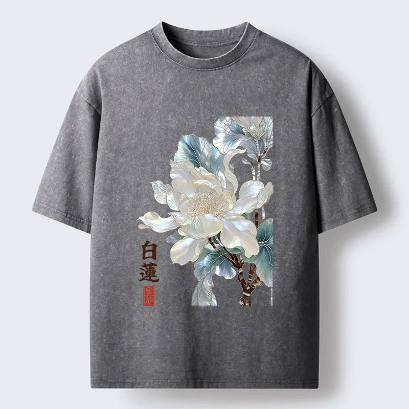 Kyoto-Lion White Lotus Art Washed T-Shirt