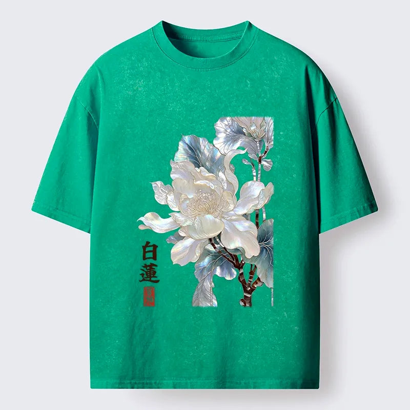Kyoto-Lion White Lotus Art Washed T-Shirt