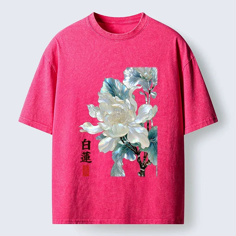 Kyoto-Lion White Lotus Art Washed T-Shirt
