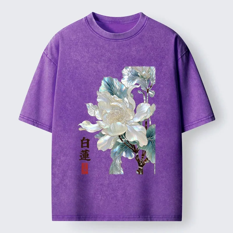 Kyoto-Lion White Lotus Art Washed T-Shirt