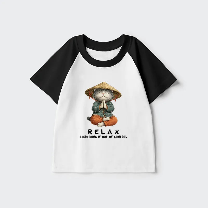 Kyoto-Lion Zen Relax Cat Graphic Kids Raglan T-shirt