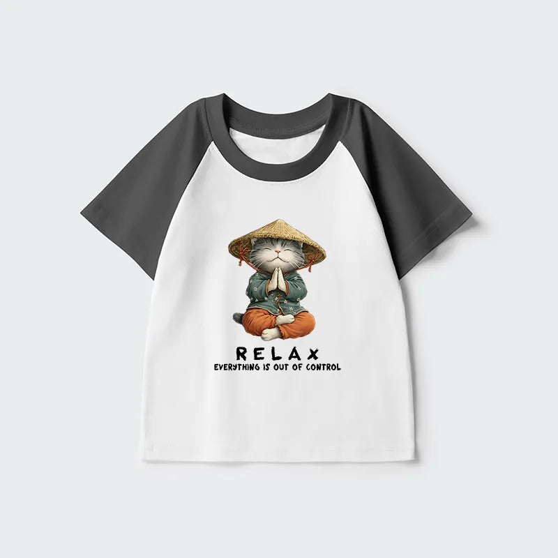 Kyoto-Lion Zen Relax Cat Graphic Kids Raglan T-shirt