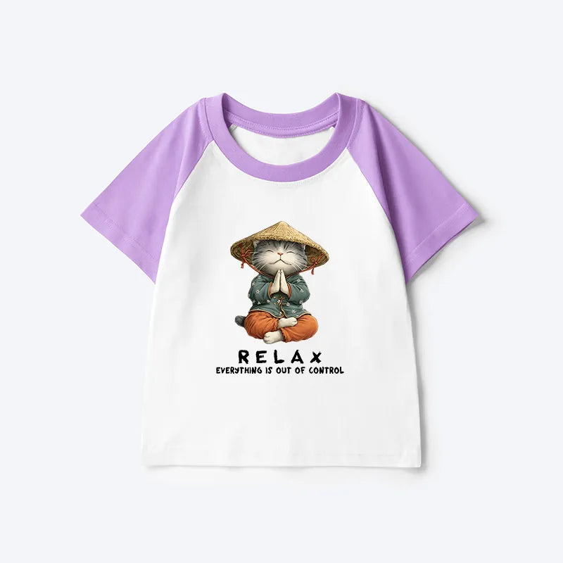 Kyoto-Lion Zen Relax Cat Graphic Kids Raglan T-shirt