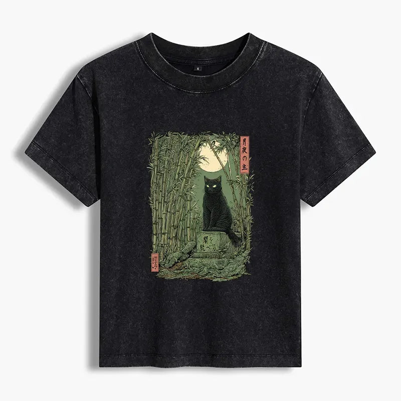 Kyoto-Lion Black Cat In The Bamboo Forest Women's Washed T-shirt