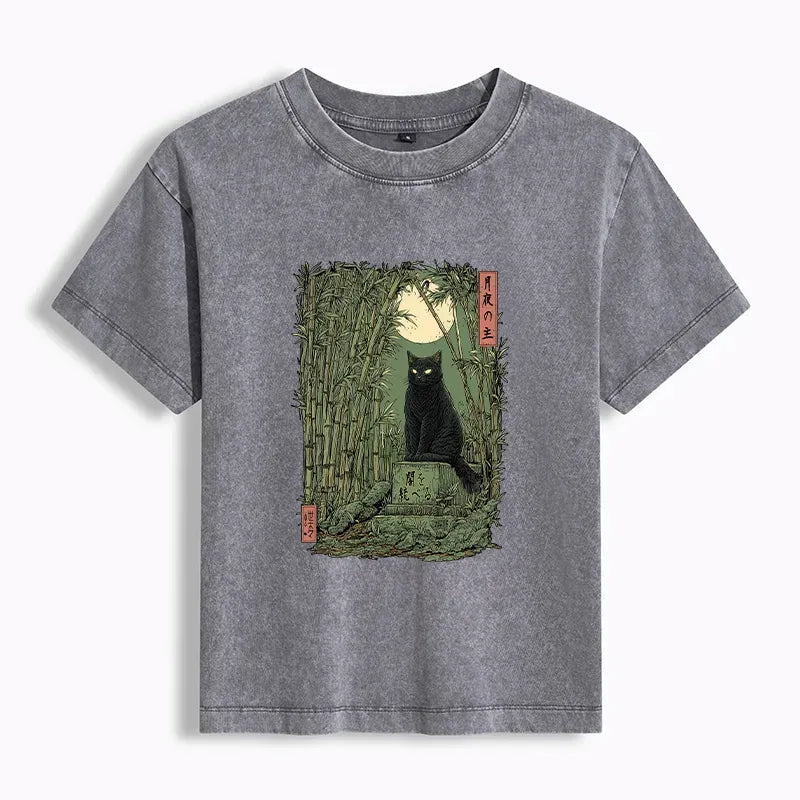 Kyoto-Lion Black Cat In The Bamboo Forest Women's Washed T-shirt