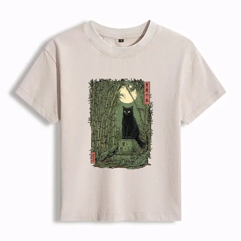 Kyoto-Lion Black Cat In The Bamboo Forest Women's Washed T-shirt