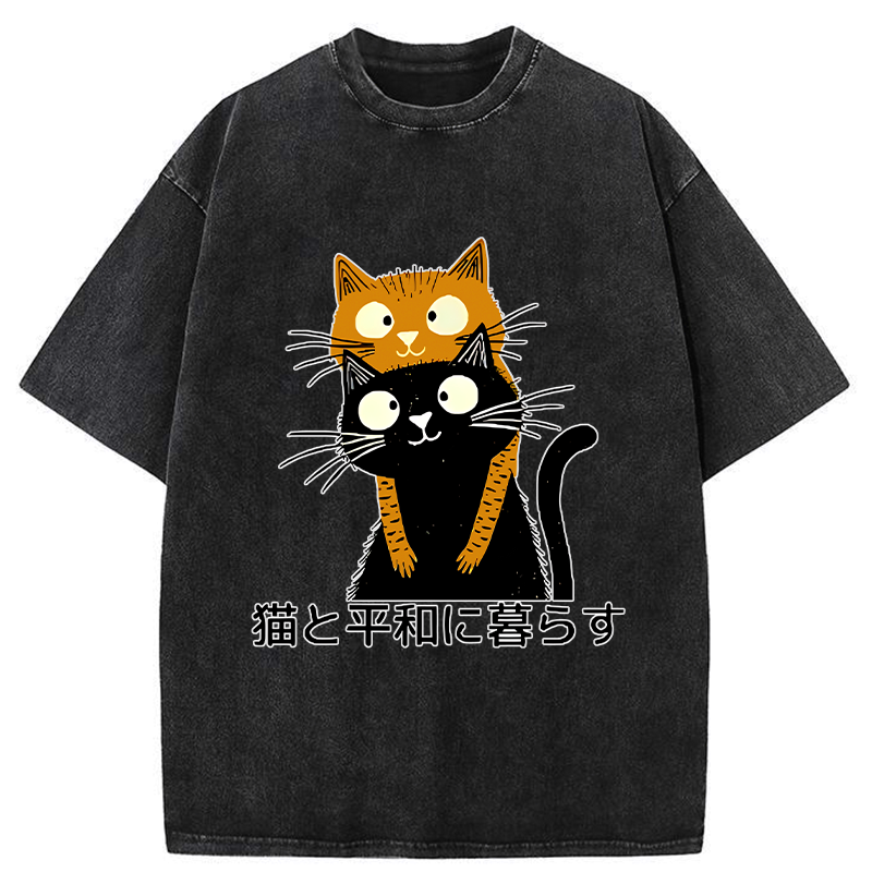 Kyoto-Lion Live Peacefully With Cats Washed T-Shirt