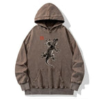Kyoto-Lion Minimal Asian Ink Brush Gecko Vibe Washed Hoodie