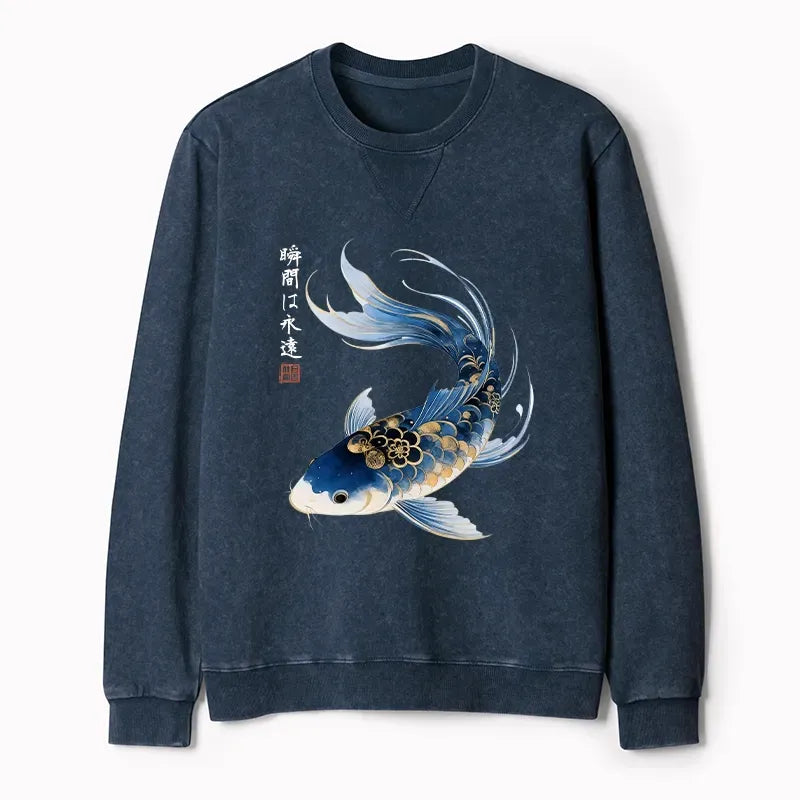 Kyoto-Lion Elegant Koi Fish Watercolor Art Washed Terry Sweatshirt