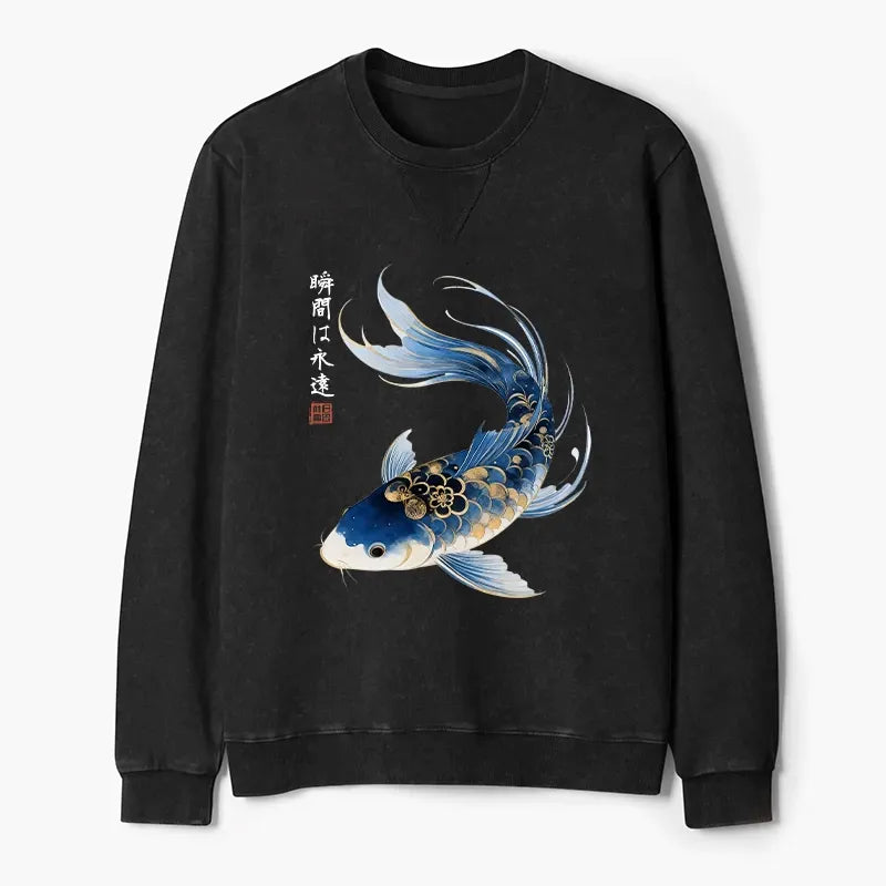 Kyoto-Lion Elegant Koi Fish Watercolor Art Washed Terry Sweatshirt