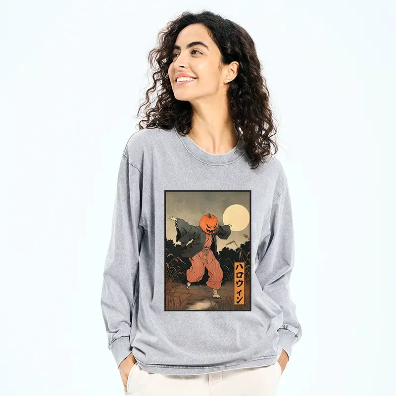 Washed Japanese Streetwear Long Sleeve Tee for Daily Wear