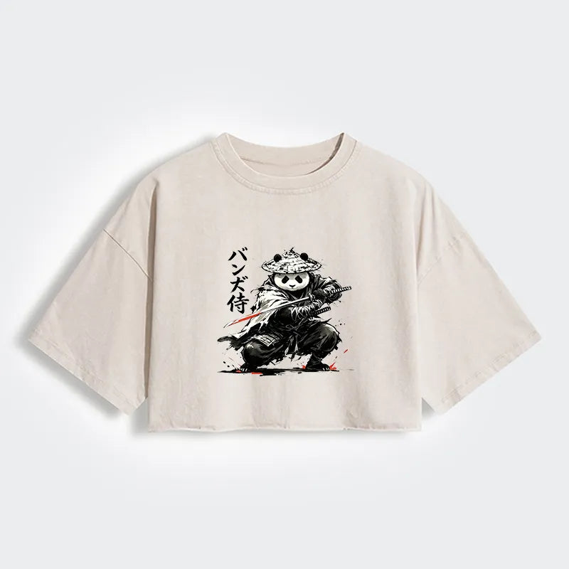 Kyoto-Lion Panda Samurai Warrior Women's Washed Crop T-Shirt