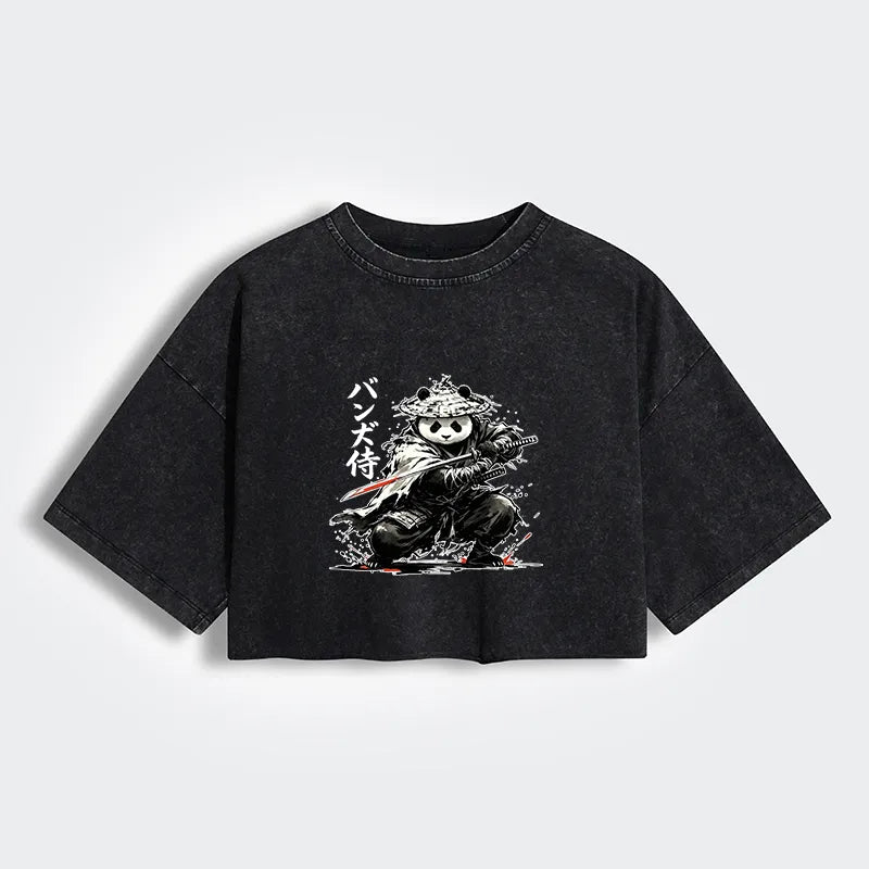 Kyoto-Lion Panda Samurai Warrior Women's Washed Crop T-Shirt