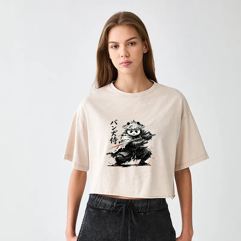 Kyoto-Lion Panda Samurai Warrior Women's Washed Crop T-Shirt