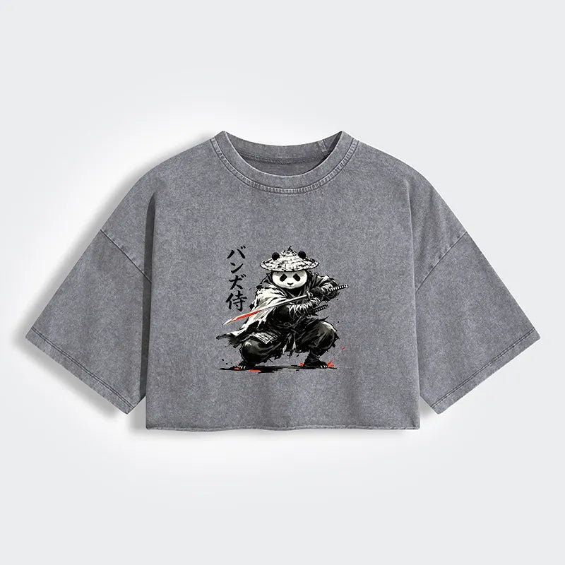 Kyoto-Lion Panda Samurai Warrior Women's Washed Crop T-Shirt