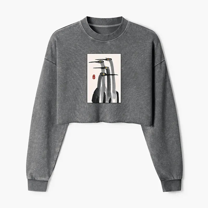 Kyoto-Lion Japanese Crane Poster Washed Crop Sweatshirt