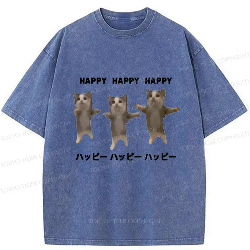 Japanese dancing cats washed t-shirt