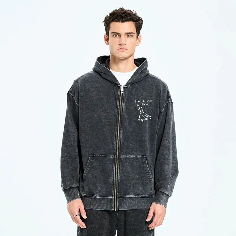Kyoto-Lion Stupid Goose Funny Japan Retro Washed Zip Hoodie