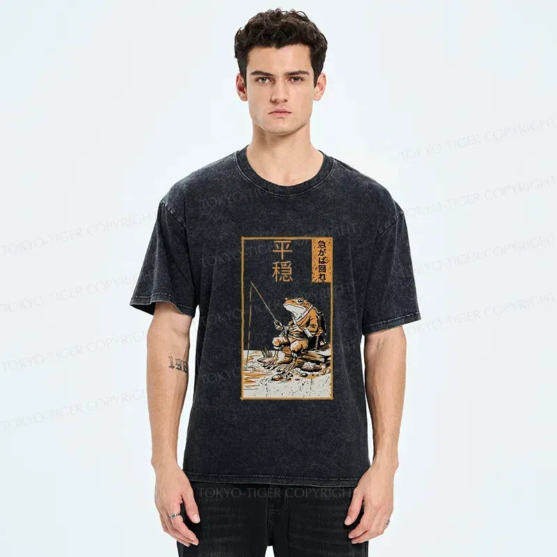 Kyoto-Lion Frog Fishing Funny Washed T-Shirt