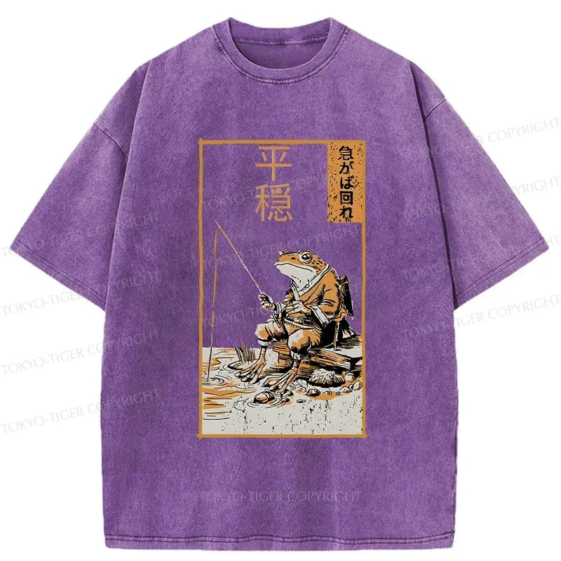 Kyoto-Lion Frog Fishing Funny Washed T-Shirt