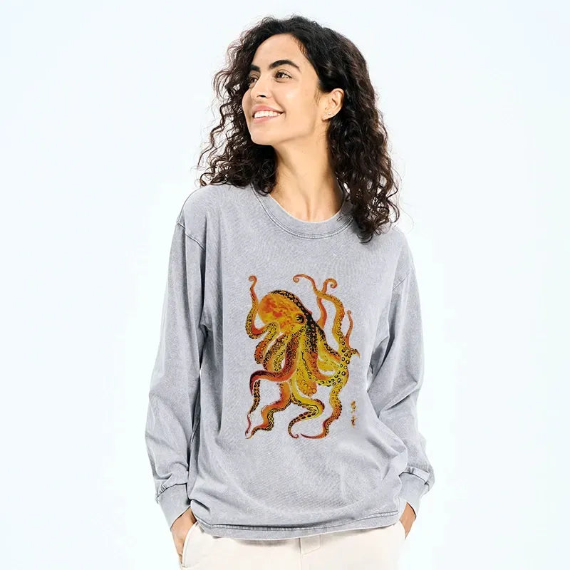 Kyoto-Lion Deep Sea Gorgeous Octopus Washed Long Sleeve T-Shirt