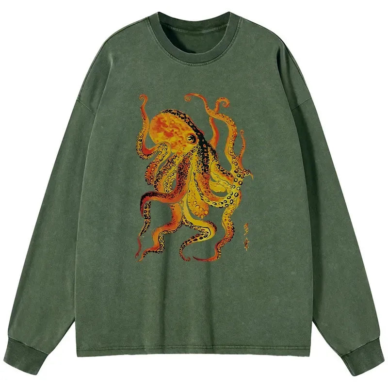 Kyoto-Lion Deep Sea Gorgeous Octopus Washed Long Sleeve T-Shirt