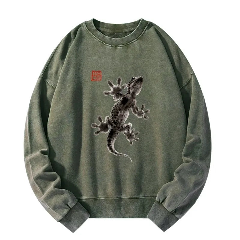 Kyoto-Lion Minimal Asian Ink Brush Gecko Vibe Washed Sweatshirt