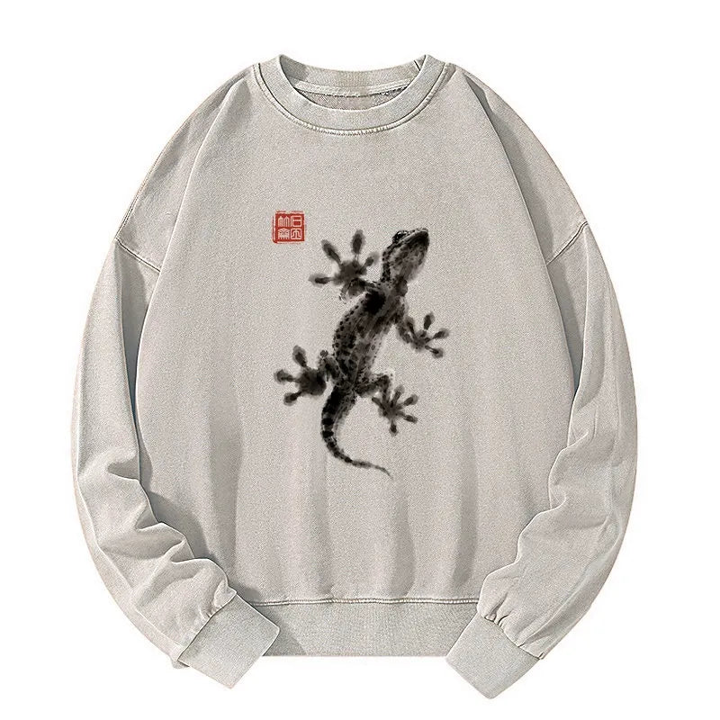 Kyoto-Lion Minimal Asian Ink Brush Gecko Vibe Washed Sweatshirt