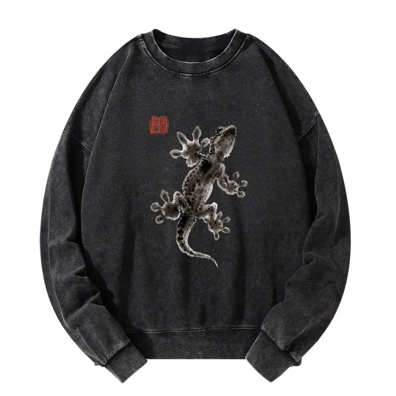Kyoto-Lion Minimal Asian Ink Brush Gecko Vibe Washed Sweatshirt