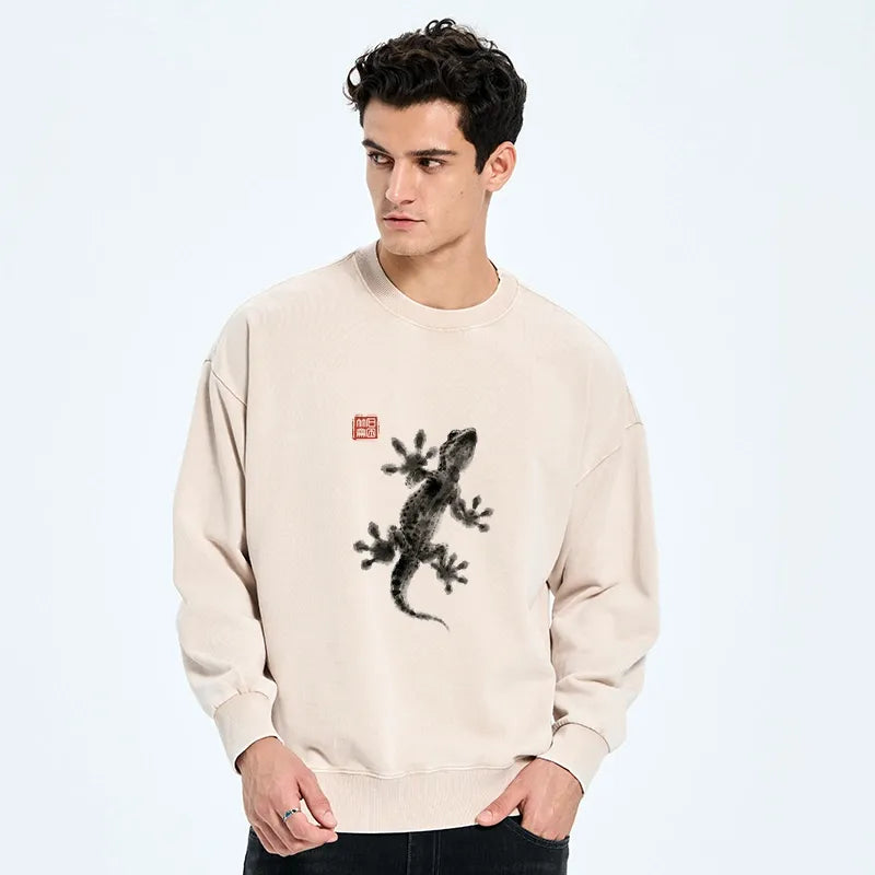 Kyoto-Lion Minimal Asian Ink Brush Gecko Vibe Washed Sweatshirt