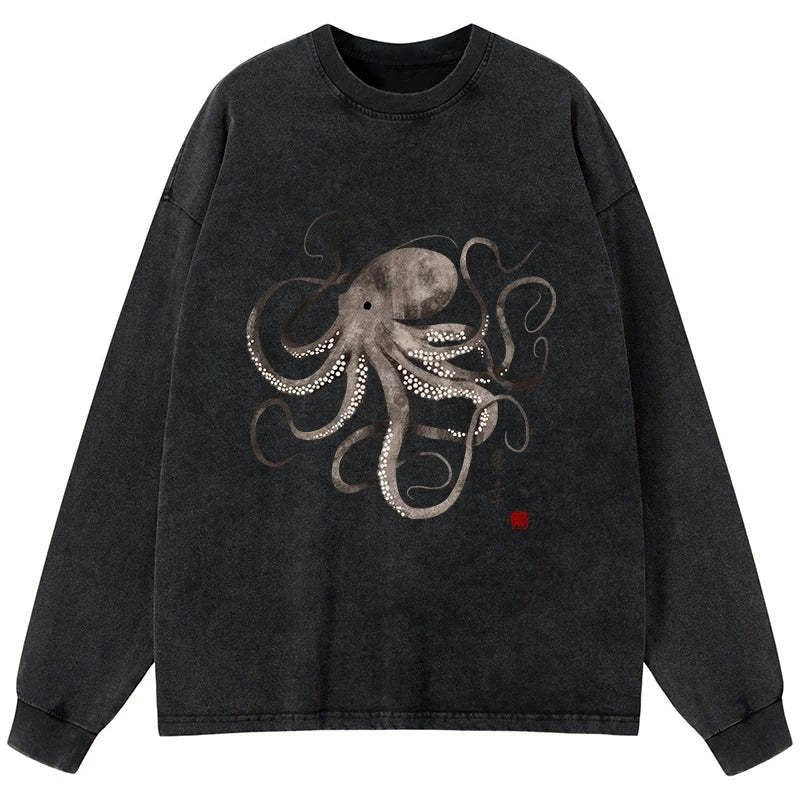 japanese calligraphy octopus washed long sleeve tee