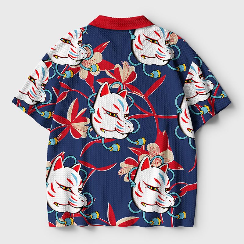 Traditional Japanese Fox Mask Polo Shirt for Streetwear