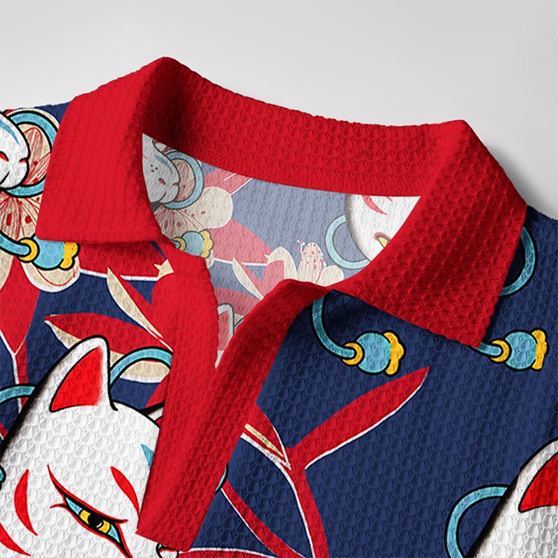 Japanese Fox Mask Crochet Polo Shirt for Daily Wear