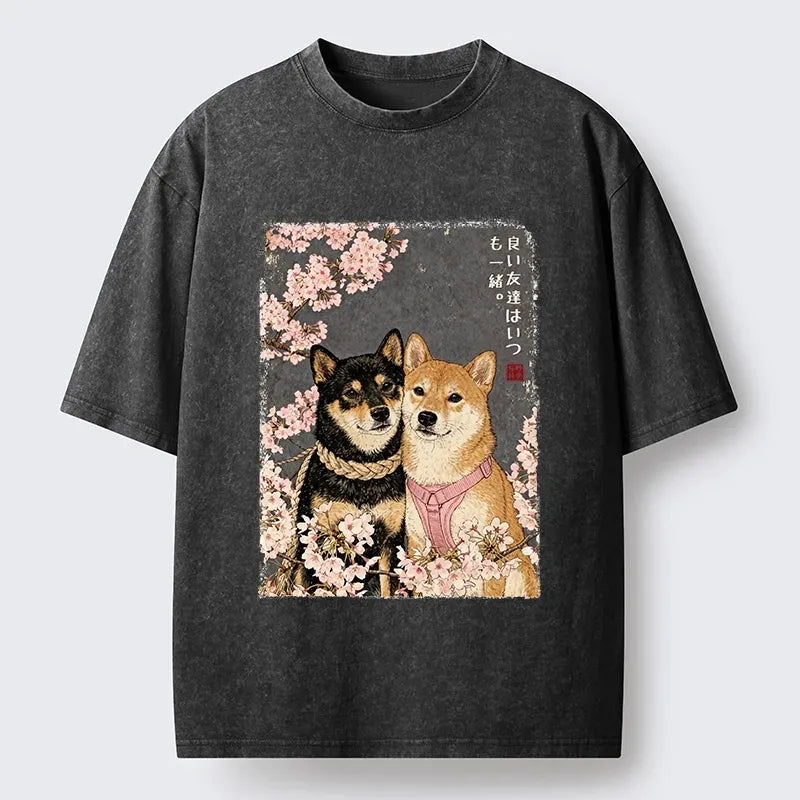 Kyoto-Lion Two Shibas And Sakura Flowers Washed T-Shirt
